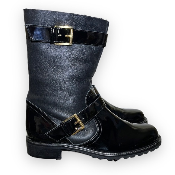 Vicini Shoes - Black Moto Patent Leather and Soft Leather Boots Sherpa Lined Gold Buckle size 9